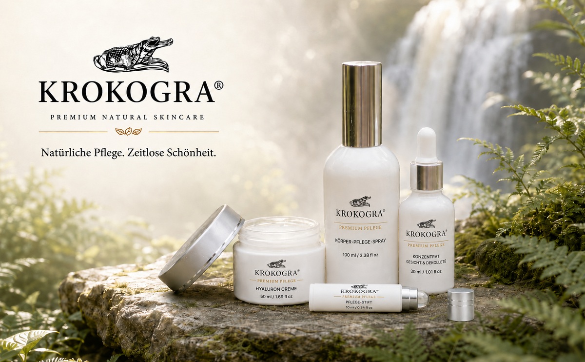 KROKOGRA Premium Pflege mit den vier verbindlichen Produkten vor einem Wasserfall
