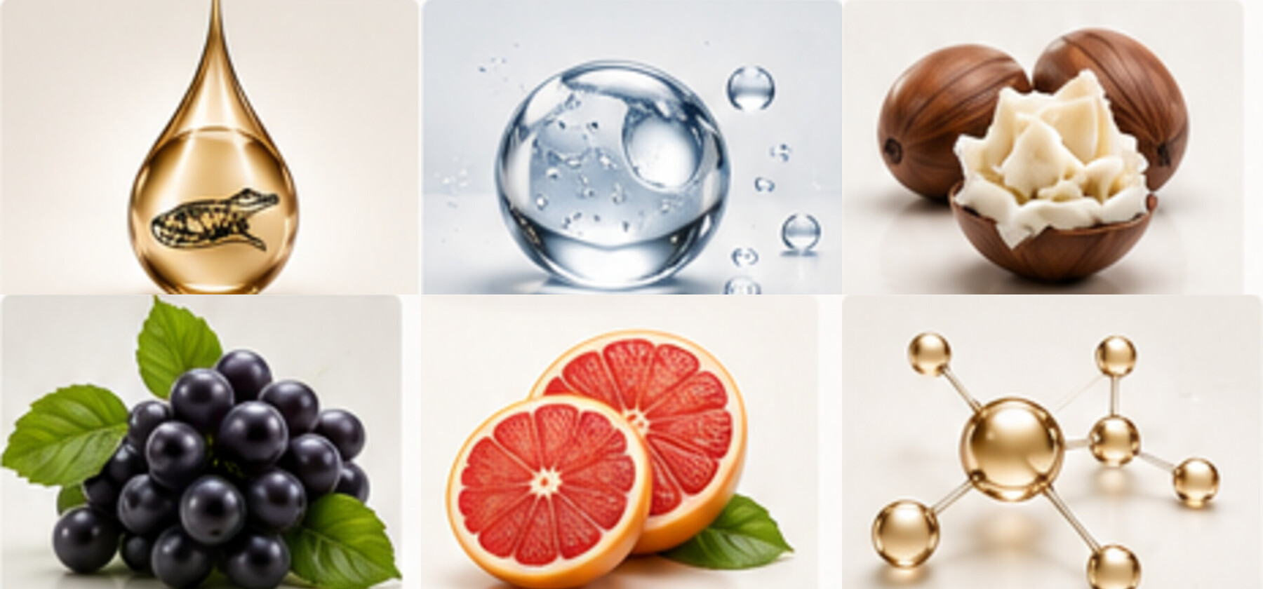 Die sechs KROKOGRA Wirkstoffe: Krokodilöl, Hyaluronsäure, Sheabutter, Traubenkernöl, Grapefruitöl und Lecithin